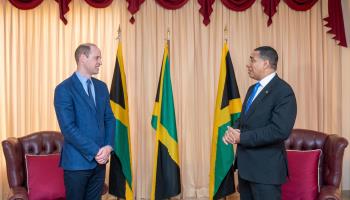Prince William (l) meeting Jamaican Prime Minister Andrew Holness in Kingston in March (Jane Barlow/Pool/Shutterstock)