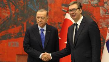 Turkish President Recep Tayyip Erdogan (L) meets with Serbian President Aleksandar Vucic (R) during his visit as part of Erdogan's Balkan tour in Belgrade, Serbia, on September 7 (Milan Obradovic/SIPA/Shutterstock)