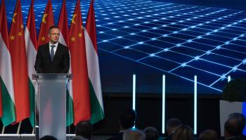 Hungarian Foreign Affairs and Trade Minister Peter Szijjarto speaks at the official launch of Chinese battery producer CATL's second European plant in Debrecen, September 5 (Chine Nouvelle/SIPA/Shutterstock).

