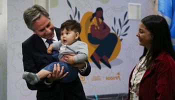 Secretary of State Antony Blinken meets a young Venezuelan migrant in Bogota, October 4 (Luisa Gonzalez/AP/Shutterstock)