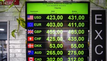Foreign currency exchange rates at an exchange office in Buadpest on the day the forint had a record fall against the Swiss franc and the dollar, Budapest, September 28 (Zoltan Balogh/EPA-EFE/Shutterstock)