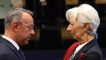 ECB President Christine Lagarde (R) and Greek Finance Minister Christos Staikouras (L) at the start of an Eurogroup meeting to discuss the macroeconomic situation in the euro-area, Luxembourg, October 3 (Julien Warnand/EPA-EFE/Shutterstock)

