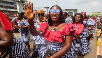 Marchers celebrating International Women's Day in Monrovia (Ahmed Jallanzo/EPA-EFE/Shutterstock)