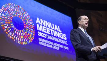 World Bank President David Malpass speaks at the 2022 annual meetings (Bonnie Cash/UPI/Shutterstock)