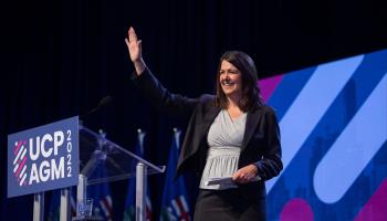 Premier Danielle Smith at a UCP meeting in Edmonton, October 22 (Canadian Press/Shutterstock)