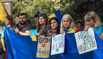 Pro-Ukraine demonstration with banners saying, "Kherson is Ukraine, Ukrainians Cannot Be Defeated, Our Land is Our Power", Sofia, June 13 (Taymuraz Gumerov/Shutterstock)
