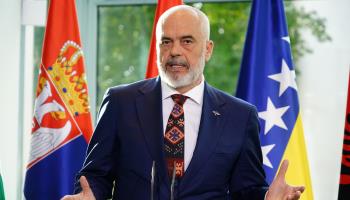 Albanian Prime Minister Edi Rama makes a point addressing the press at the Western Balkans Conference hosted by German Chancellor Olaf Scholz at the Chancellery, Berlin, November 3 (Clemens Bilan/EPA-EFE/Shutterstock)

