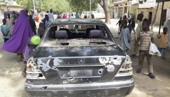 Bullet-riddled car from jihadist attack in Maiduguri, February 2021 (Jossy Ola/AP/Shutterstock)