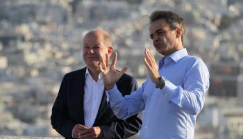 Visiting German Chancellor Olaf Scholz (L) on his first official visit to Greece offers to Greek Prime Minister Kyriakos Mitsotakis (R) his mediation in the dispute between Turkey and Greece over islands in the eastern Mediterranean (Aristidis Vafeiadakis/ZUMA Press Wire/Shutterstock)