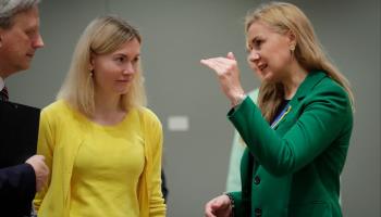 European Commissioner for Energy Kadri Simson (R) and Estonia Economy and Infrastructure Minister Riina Sikkut (second-L) converse during a special EU energy council on the energy crisis, Brussels, November 24 (Olivier Hoslet/EPA-EFE/Shutterstock)