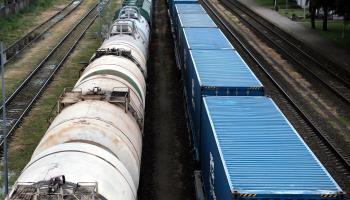 A Russian freight train (R) on the Lithuanian border (VALDA KALNINA/EPA-EFE/Shutterstock)