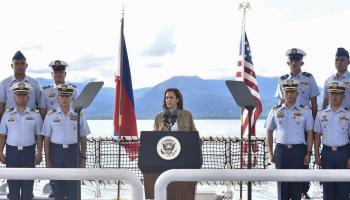 US Vice President Kamala Harris delivering an address during her visit to Palawan province in the Philippines (Uncredited/AP/Shutterstock)