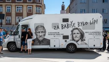The Andrej Babis campaign van comes to town with the slogan, "Things were better under Babis", Tabor, South Bohemian Region, August 4 (Shutterstock)