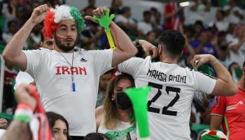 Iranian supporter at World Cup highlights the protests, Qatar, November 29, 2022 (Mohamed Messara/EPA-EFE/Shutterstock)