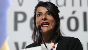 Minister of Mines and Energy Irene Velez speaks during the installation of the V Oil Gas and Energy Summit in Bogota, Colombia, November 16, 2022 (Carlos Ortega/EPA-EFE/Shutterstock)