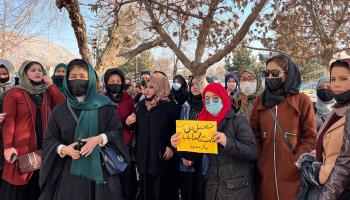 Women at a  protest against the new ban on female university education, Kabul, December 22 (AP/Shutterstock)