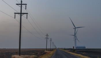 Electric power lines and windmills line a rural road in Taft, Texas, July 17, 2022 (Bryan Olin Dozier/NurPhoto/Shutterstock)