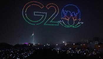 Drones flying in formation to create an image of the logo of India's G20 presidency during an event in Gorakhpur (Rajesh Kumar Singh/AP/Shutterstock)
