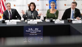 From left, Secretary of State Antony Blinken, Commerce Secretary Gina Raimondo, European Commission Executive Vice President Margrethe Vestager and European Union Commission Executive Vice President Valdis Dombrovskis participate in a U.S.-EU Stakeholder Dialogue during the Trade and Technology Council (TTC) (Saul Loeb/AP/Shutterstock)