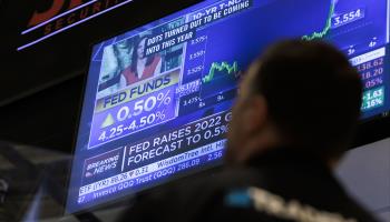 A screen showing news about the Federal Reserve's decision to raise rates, December 2014 (Justin Lane/EPA-EFE/Shutterstock)