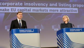 European Commissioner for Trade Valdis Dombrovskis (L) and EU commissionner in charge of financial services, financial stability and the Capital Markets Union, Mairead McGuinness (R) (Olivier Hoslet/EPA-EFE/Shutterstock)