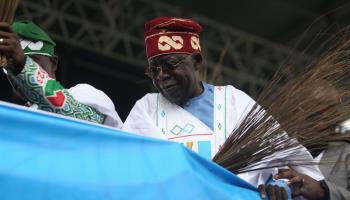 Ruling Party Presidential Candidate Bola Ahmed Tinubu speaks at a rally in Lagos, November 2022 (Akintunde Akinleye/EPA-EFE/Shutterstock)