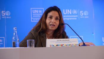 Morocco's Minister for Energy Transition, Leila Benali, speaks at a UN conference, Nairobi, Kenya, March 2, 2022 (John Ochieng/SOPA Images/Shutterstock)