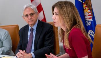 Drug Enforcement Agency (DEA) Administrator Anne Milgram (R), with Attorney General Merrick Garland (L), at a press conference on fentanyl, September 27, 2022 (Shawn Thew/EPA-EFE/Shutterstock)