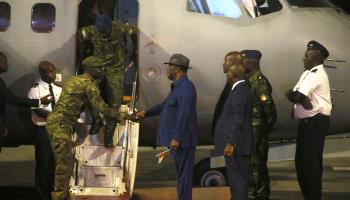 Ivorian President Alassane Ouattara greets soldiers returning from captivity in Mali, January 7 2023 (Legnan Koula/EPA-EFE/Shutterstock)