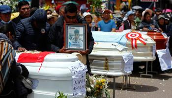Mourners with the coffins of some of those killed in Juliaca this week (Hugo Curotto/AP/Shutterstock)