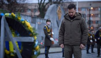 Ukrainian President Volodymyr Zelensky pays tribute to fallen Ukrainian soldiers, Lviv, January 11, 2023 (Ukrainian President Press Office/UPI/Shutterstock)
