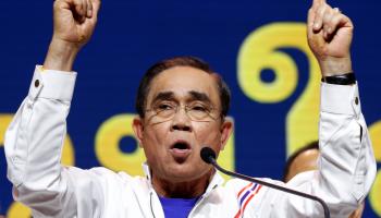 Prime Minister Prayut Chan-o-cha at his formal unveiling as a member of the Ruam Thai Sang Chart Party (Rungroj Yongrit/EPA-EFE/Shutterstock)