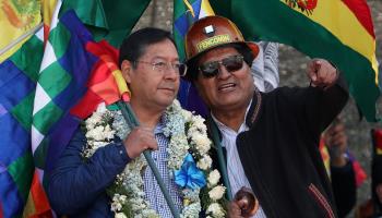 President Luis Arce and former President Evo Morales attend a rally. La Paz, August 2022 (Martin Alipaz/EPA-EFE/Shutterstock)
