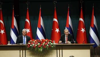 Turkish President Recep Tayyip Erdogan and Cuban President Miguel Diaz-Canel wait for a joint press conference to begin in Ankara, Turkey. November 23, 2022. (CHINE NOUVELLE/SIPA/Shutterstock)