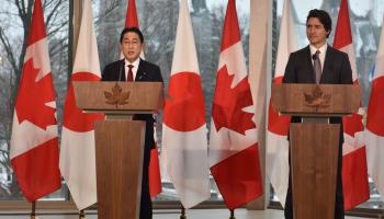 Prime Ministers Fumio Kishida (L) and Justin Trudeau hold a press conference in Ottawa, January 12, 2023 (Kyle Mazza/via ZUMA Press Wire/Shutterstock)