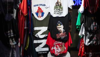 T-shirts with Vladimir Putin and the symbol of Russia’s “Special Operation” in Ukraine sold in Belgrade (BalkanCat/Shutterstock)