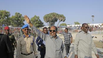 President Hassan Sheikh Mohamud holds a rally to condemn al-Shabaab in Mogadishu, January 12, 2023. (Farah Abdi Warsameh/AP/Shutterstock)