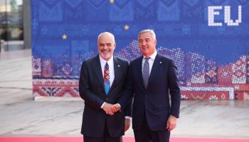 President Milo Djukanovic (R) meets Albanian Prime Minister Edi Rama (L) at the EU-Western Balkans summit where EU leaders reaffirmed their full commitment to the EU membership perspective of the six Western Balkan countries, Tirana, December 6, 2022 (Chine Nouvelle/SIPA/Shutterstock)