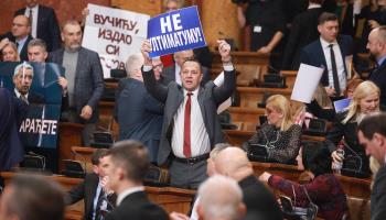 The debate on the Franco-German plan to resolve the Kosovo-Serbia dispute gets heated in the National Assembly, Belgrade, February 2 ( Milos Miskov/SIPA/Shutterstock)