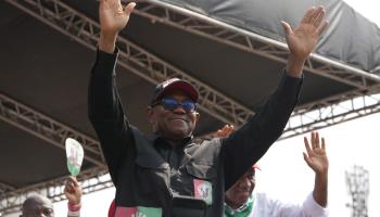 Labour Party Presidential Candidate Peter Obi waves to a crowd in Lagos, February 2023 (Sunday Alamba/AP/Shutterstock)