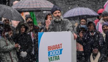 The Congress party's Rahul Gandhi addressing a rally at the culmination of the Bharat Jodo Yatra in Srinagar last month (Mukhtar Khan/AP/Shutterstock)