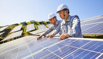 Engineers inspect solar photovoltaic panels (Shutterstock)