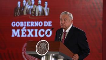 President Andrés Manuel López Obrador speaks at his morning press conference in National Palace, Mexico City, April 2019 (Shutterstock)