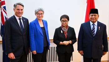 Australia's Defence Minister Richard Marles and Foreign Minister Penny Wong along with Indonesia's Foreign Minister Retno Marsudi and Defence Minister Prabowo Subianto (left to right) at last month's bilateral '2+2' meeting in Canberra (Lukas Coch/EPA-EFE/Shutterstock)