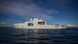 The Royal Canadian Navy's Arctic and Offshore Patrol Ship HMCS Harry DeWolf, seen on its maiden deployment, October 3, 2021 (Canadian Press/Shutterstock)