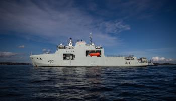 The Royal Canadian Navy's Arctic and Offshore Patrol Ship HMCS Harry DeWolf, seen on its maiden deployment, October 3, 2021 (Canadian Press/Shutterstock)