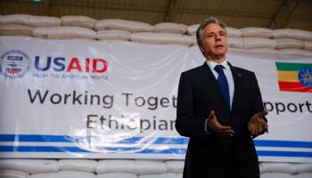 US Secretary of State Antony Blinken visits a UN aid warehouse during his recent visit to Ethiopia, Addis Ababa, March 15, 2023. (Tiksa Negeri/AP/Shutterstock)