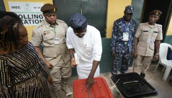 Lagos State Governor Babajide Olusola Sanwo-Olu votes in the March 18 gubernatorial elections, Lagos, March 18, 2023 (Sunday Alamba/AP/Shutterstock)