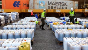 A shipment of cocaine mixed in fertiliser and molasses containers seized in Cartagena, Colombia (Ricardo Maldonado Rozo/EPA-EFE/Shutterstock)