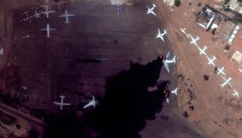 Planes burning at Khartoum airport, April 16, 2023 (Maxar Technologies Handout/EPA-EFE/Shutterstock)